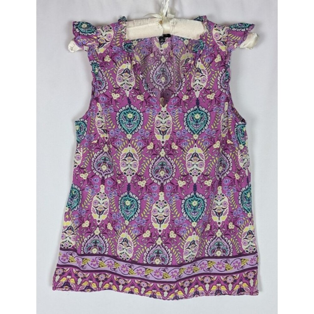 Talbots Purple Paisley Medallion Ruffle Sleeve VNeck Top XS Boho Colorful Preppy